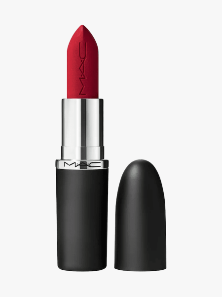 MAC Silky Matte 12HR Wear Lipstick in branded component on a light gray background